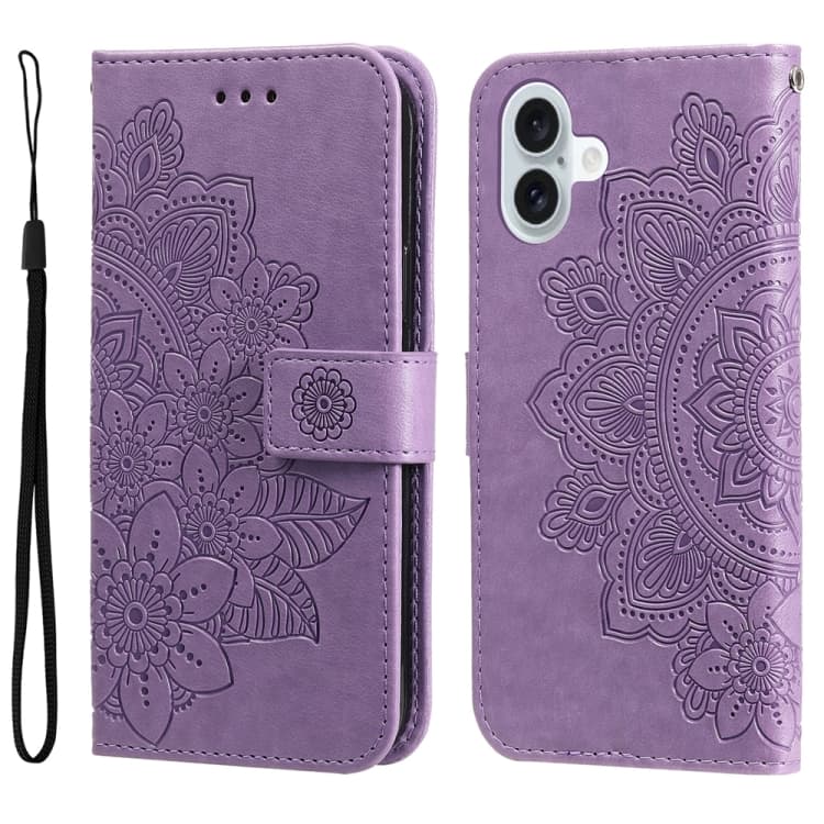 Custodia in pelle con fiori a sette petali per iPhone 16 Plus (viola chiaro) - Immagine 1