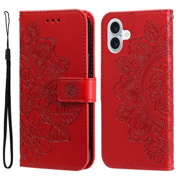 Fondina in pelle con fiori a sette petali per iPhone 16 Plus (Rosso) - Immagine 1
