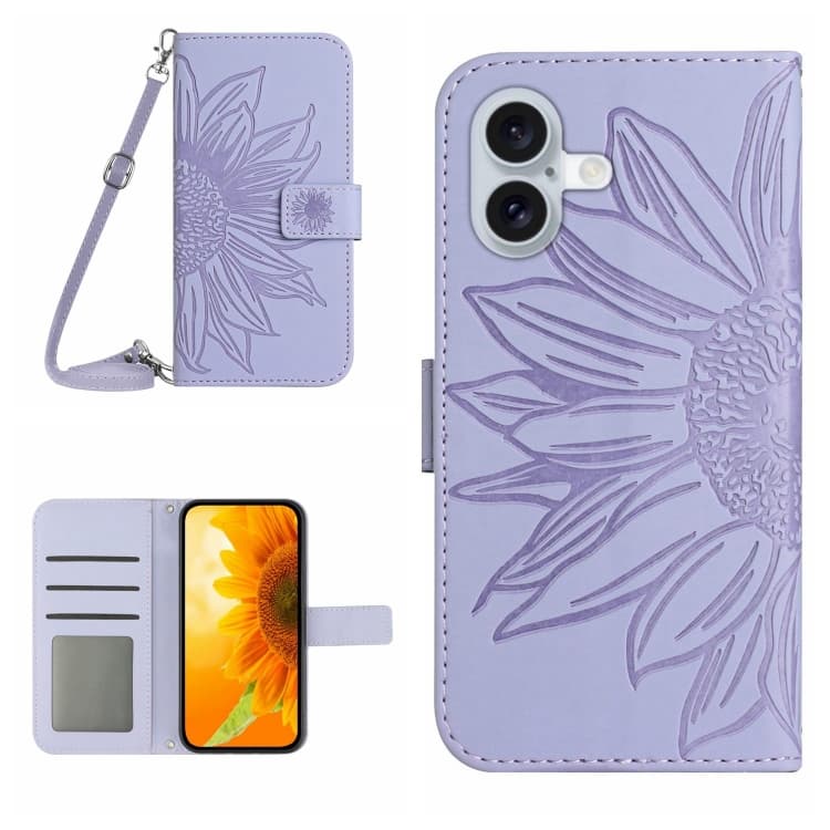 Fodera in pelle flip con motivo girasole e laccetto per iPhone 16 Plus (viola) - Immagine 1