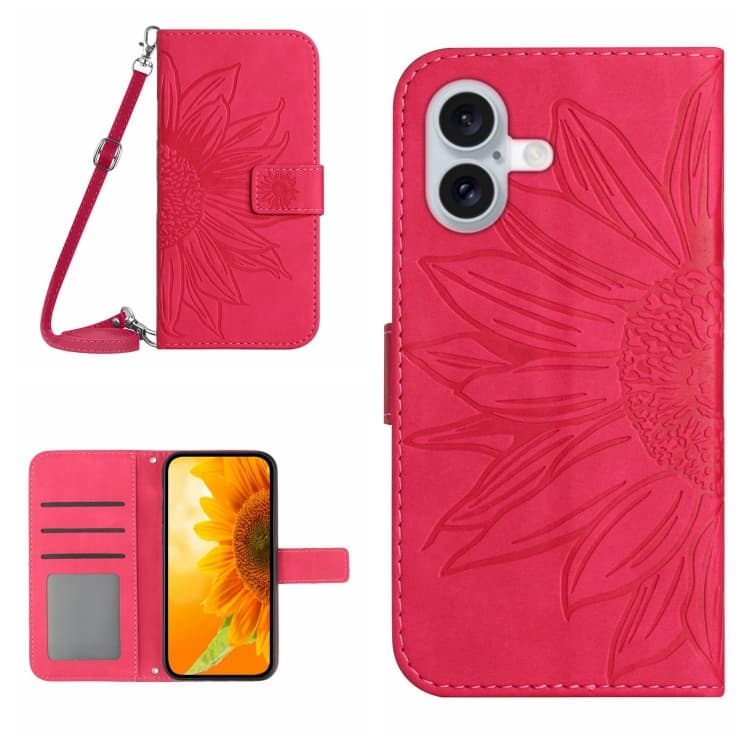 Fodero in pelle flip con motivo girasole effetto pelle per iPhone 16 Plus con laccetto (Rosso Rosa) - Immagine 1