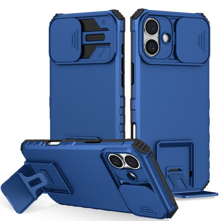 Custodia per iPhone 16 Plus con supporto stereoscopico e copriobiettivo scorrevole (Blu) - Immagine 1