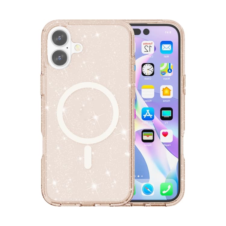 Custodia per iPhone 16 Plus stile Terminator con polvere glitterata e magnete MagSafe (Oro) - Immagine 1