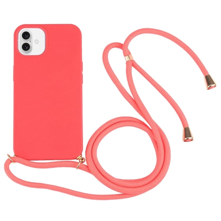 Custodia antiurto per iPhone 16 Plus in paglia di grano e TPU con laccetto da collo (Rosso) - Immagine 1