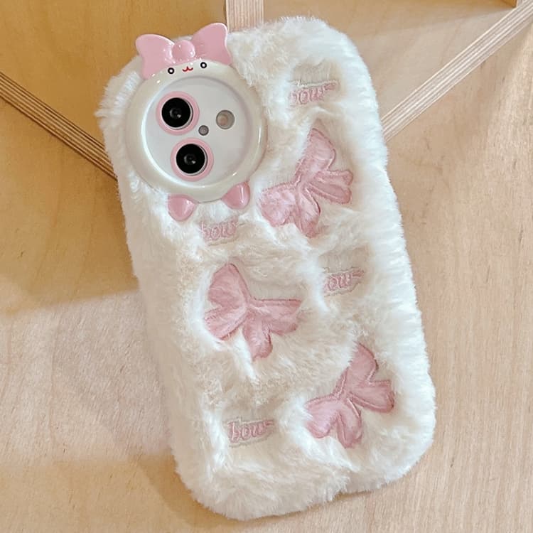 For iPhone 16 Plush Embroidery Full Coverage Phone Case(White + Pink Bow) - Immagine 1