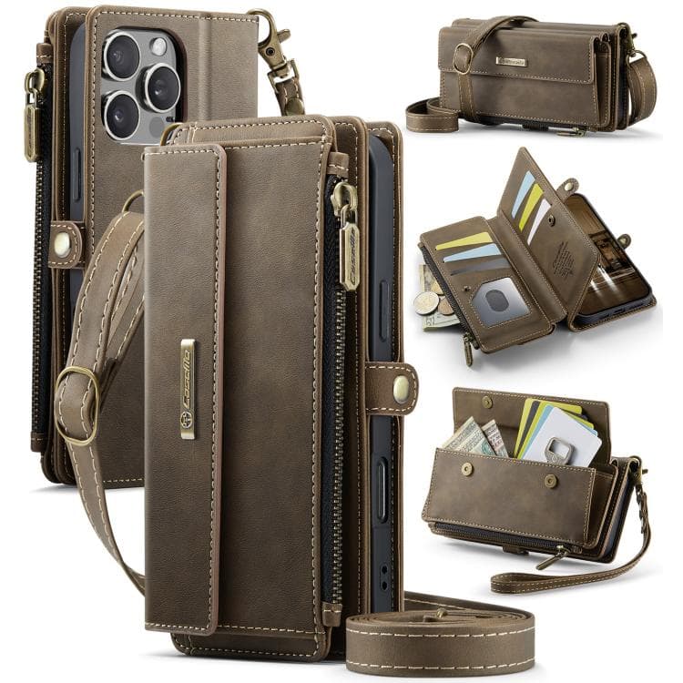 For iPhone 16 Pro Max CaseMe C39 RFID Blocking Zipper Wallet Leather Phone Case with Crossbody Strap(Coffee) - Immagine 1