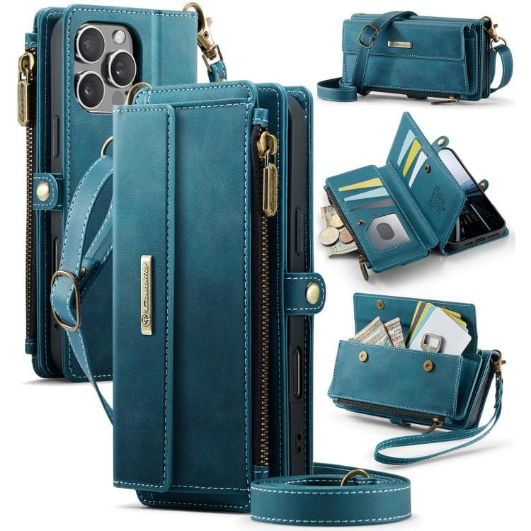 For iPhone 16 Pro Max CaseMe C39 RFID Blocking Zipper Wallet Leather Phone Case with Crossbody Strap(Green) - Immagine 1