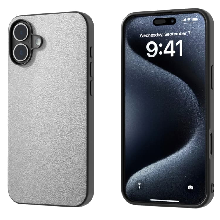 For iPhone 16 PU Leather Black Frame Full Coverage Phone Case(Silver) - Immagine 1