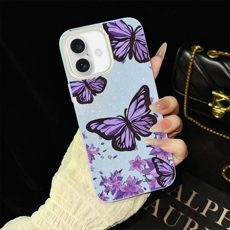 For iPhone 16 Purple Butterflies Pattern IMD Glitter PC Hybrid TPU Phone Case(Blue) - Immagine 1