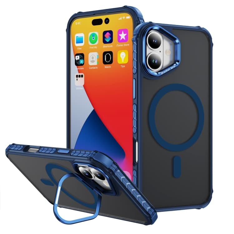 For iPhone 16 Rainbow Series Skin Feel MagSafe Lens Holder Phone Case(Blue) - Immagine 1