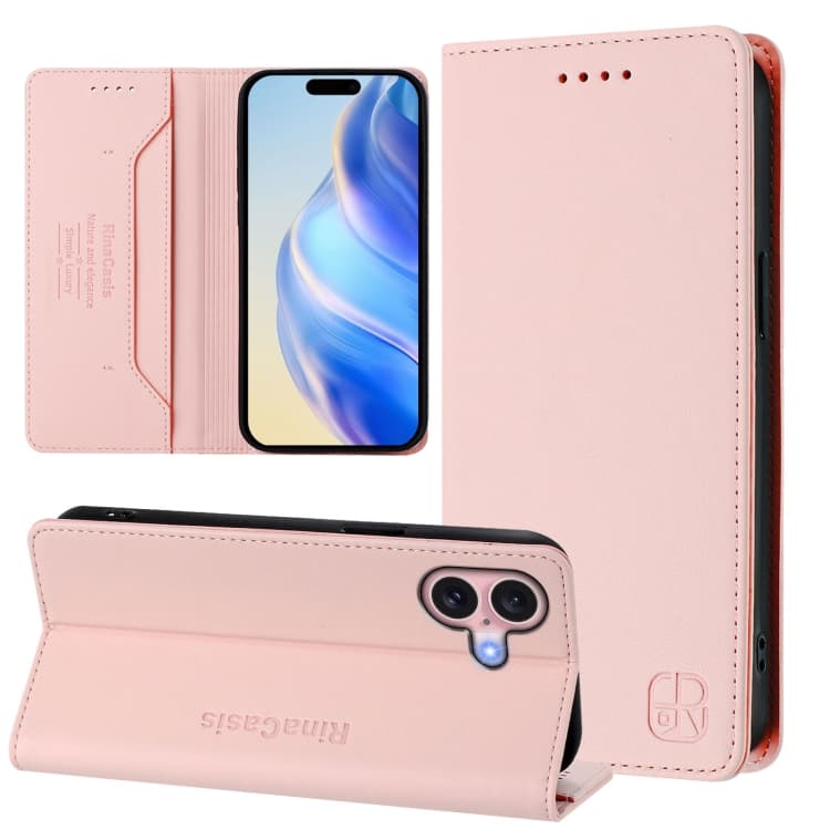 Custodia in pelle con supporto magnetico RFID RC01 a doppia piega per iPhone 16 (Rosa) - Immagine 1