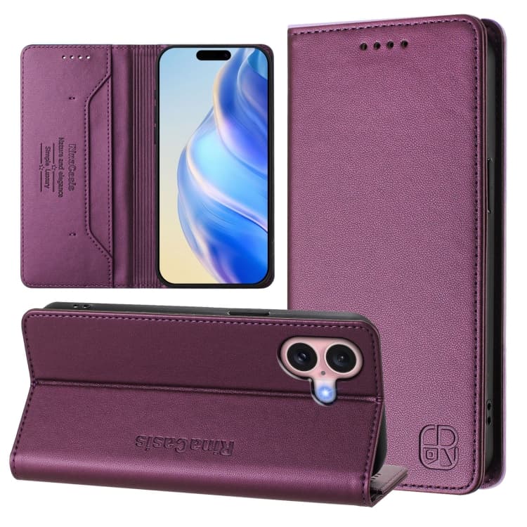 Custodia in pelle con doppia piega e supporto magnetico RFID per iPhone 16 RC01 (Viola) - Immagine 1