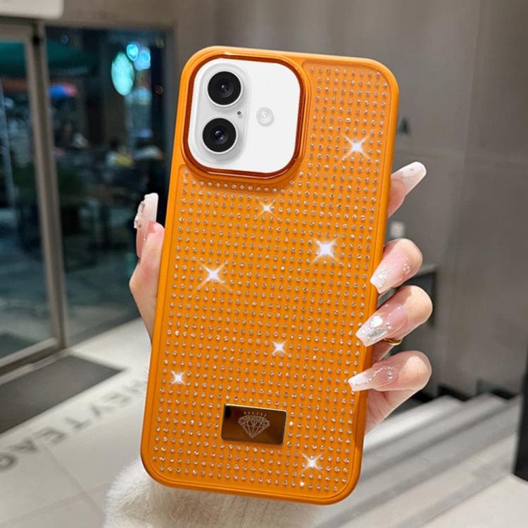 For iPhone 16 Resin Rhinestones Metal Emblem TPU + PC Shockproof Phone Case(Orange) - Immagine 1