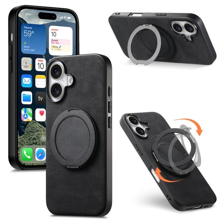 For iPhone 16 Retro Leather Rotation Round Holder Phone Case(Black) - Immagine 1
