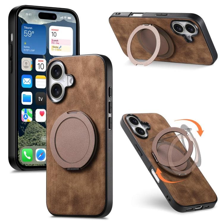 For iPhone 16 Retro Leather Rotation Round Holder Phone Case(Brown) - Immagine 1