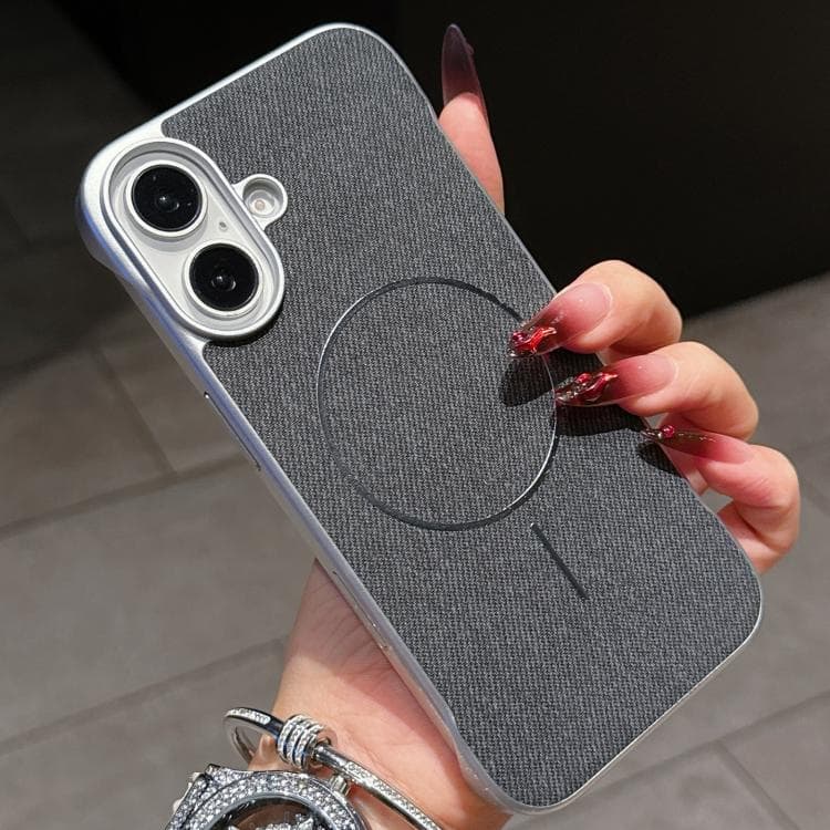 For iPhone 16 Retro Linen Fabric Magnetic Half Coverage Phone Case(Black) - Immagine 1