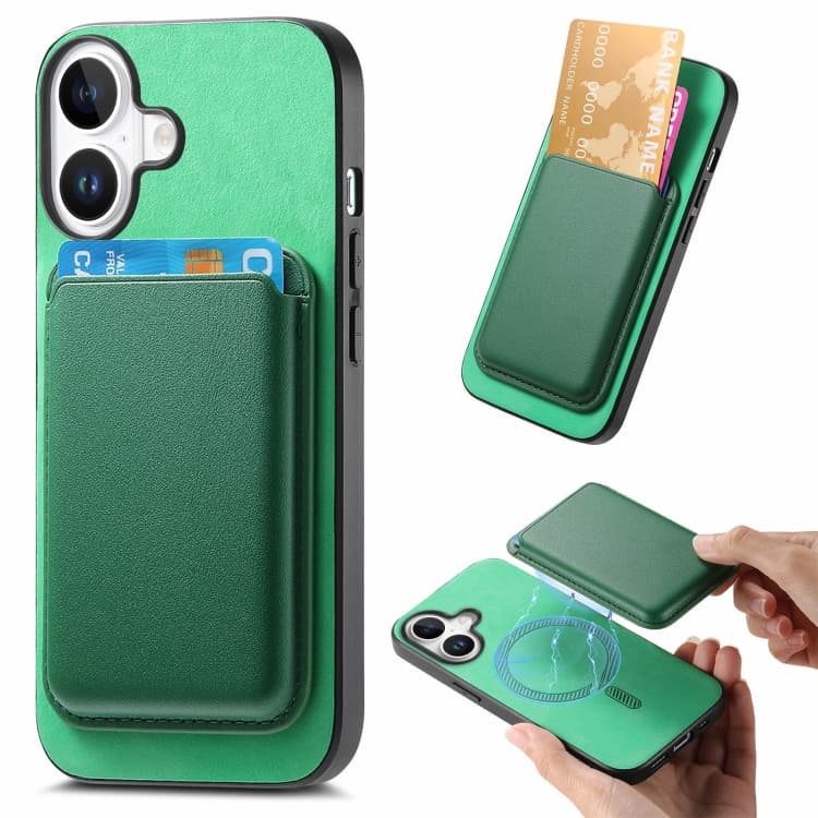 For iPhone 16 Retro Magsafe Card Bag PU Back Cover Phone Case(Green) - Immagine 1