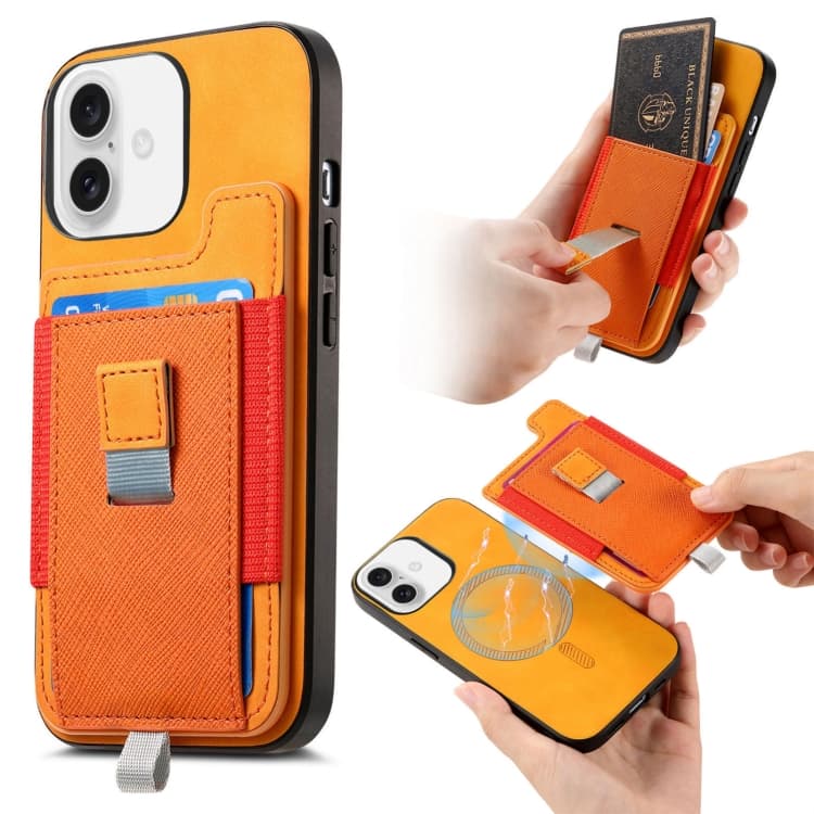 For iPhone 16 Retro Magsafe Cross Leather Pull-Out Card Bag Back Phone Case(Yellow) - Immagine 1
