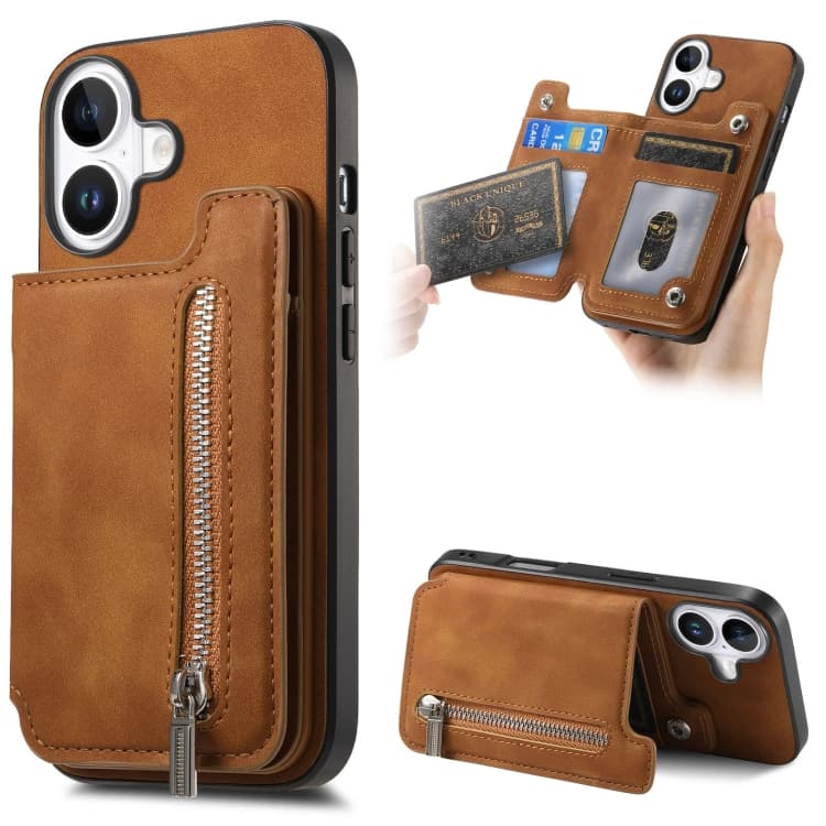 For iPhone 16 Retro MagSafe Zipper Wallet Card Bag Back Phone Case(Brown) - Immagine 1