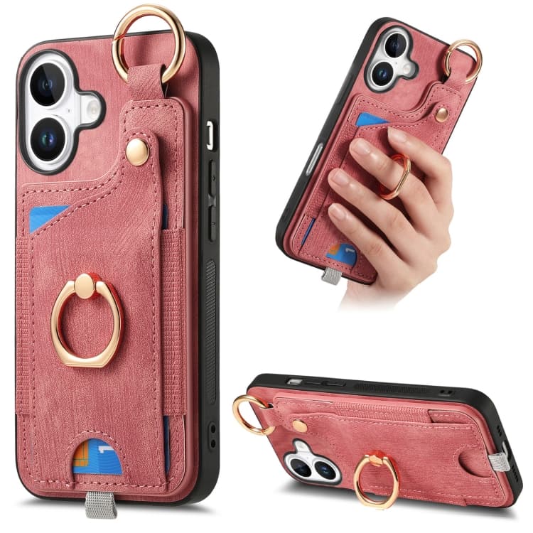 For iPhone 16 Retro Skin-feel Ring Card Bag Phone Case with Hang Loop(Pink) - Immagine 1