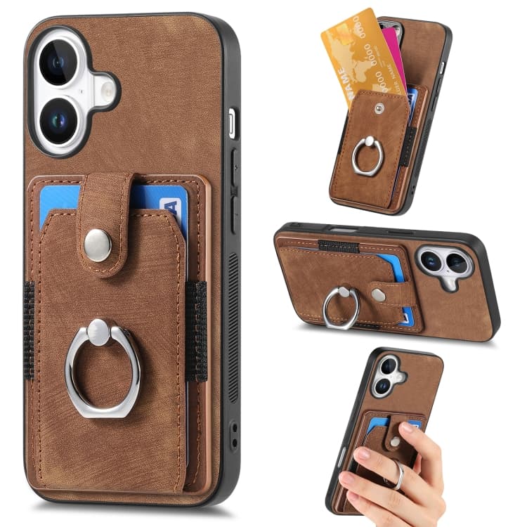 For iPhone 16 Retro Skin-feel Ring Card Wallet Phone Case(Brown) - Immagine 1