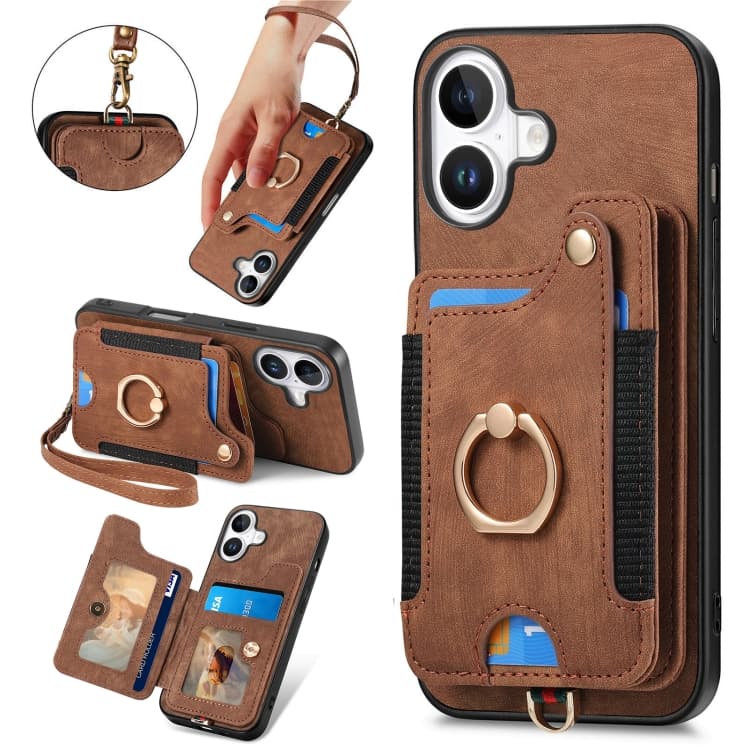 For iPhone 16 Retro Skin-feel Ring Multi-card Wallet Phone Case(Brown) - Immagine 1