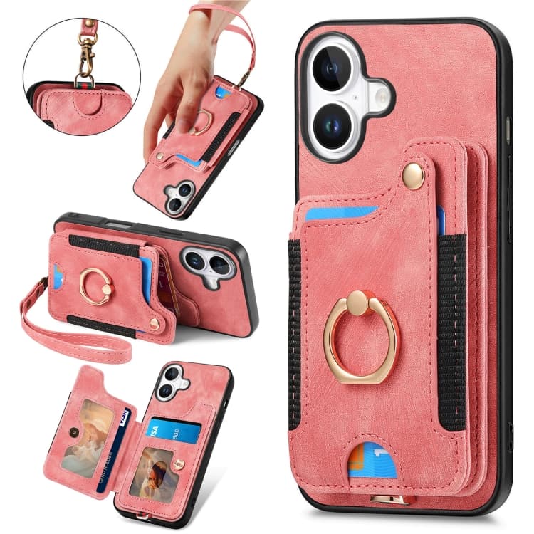 For iPhone 16 Retro Skin-feel Ring Multi-card Wallet Phone Case(Pink) - Immagine 1