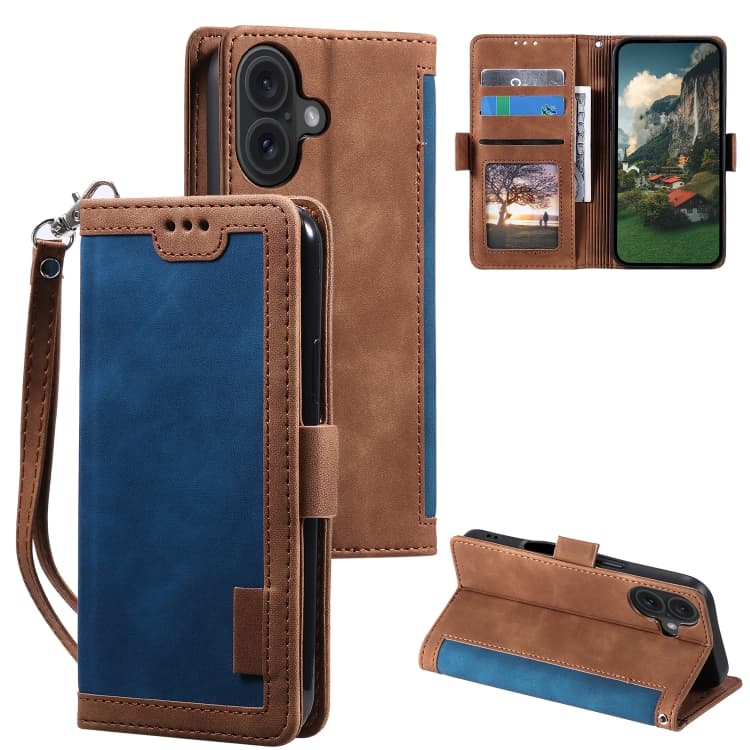 For iPhone 16 Retro Splicing Horizontal Flip Leather Phone Case(Blue) - Immagine 1