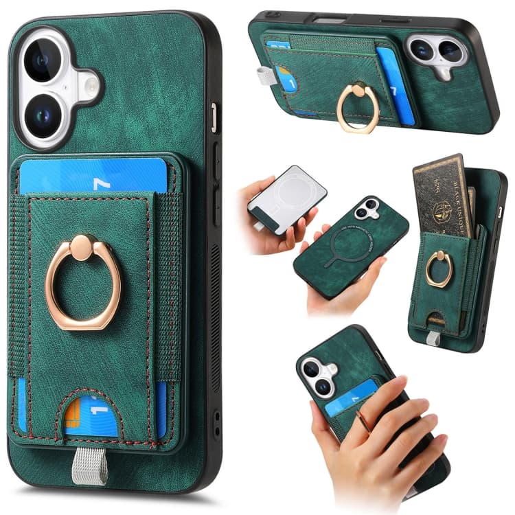 For iPhone 16 Retro Splitable Magnetic Card Bag Leather Phone Case(Green) - Immagine 1