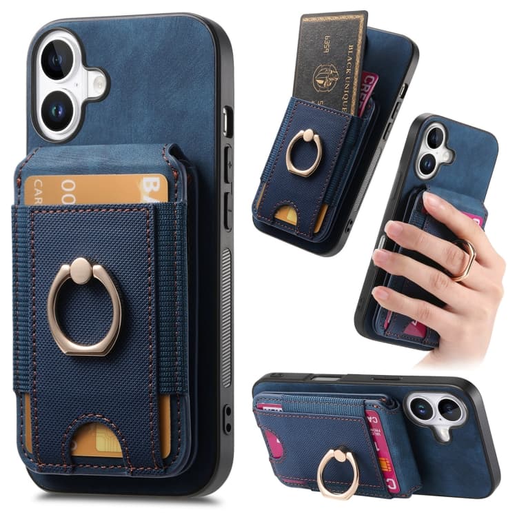 For iPhone 16 Retro Splitable Magnetic Stand Card Bag Leather Phone Case(Blue) - Immagine 1