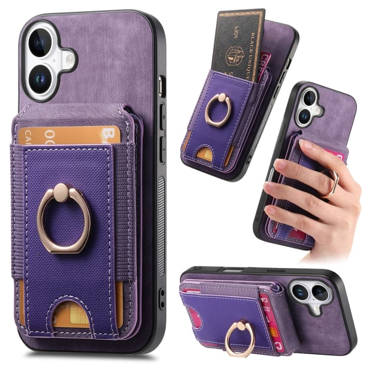 For iPhone 16 Retro Splitable Magnetic Stand Card Bag Leather Phone Case(Purple) - Immagine 1