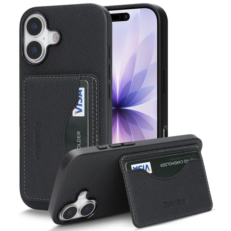 For iPhone 16 Retro Vegan Leather Magnetic Card Holder Back Phone Case(Black) - Immagine 1
