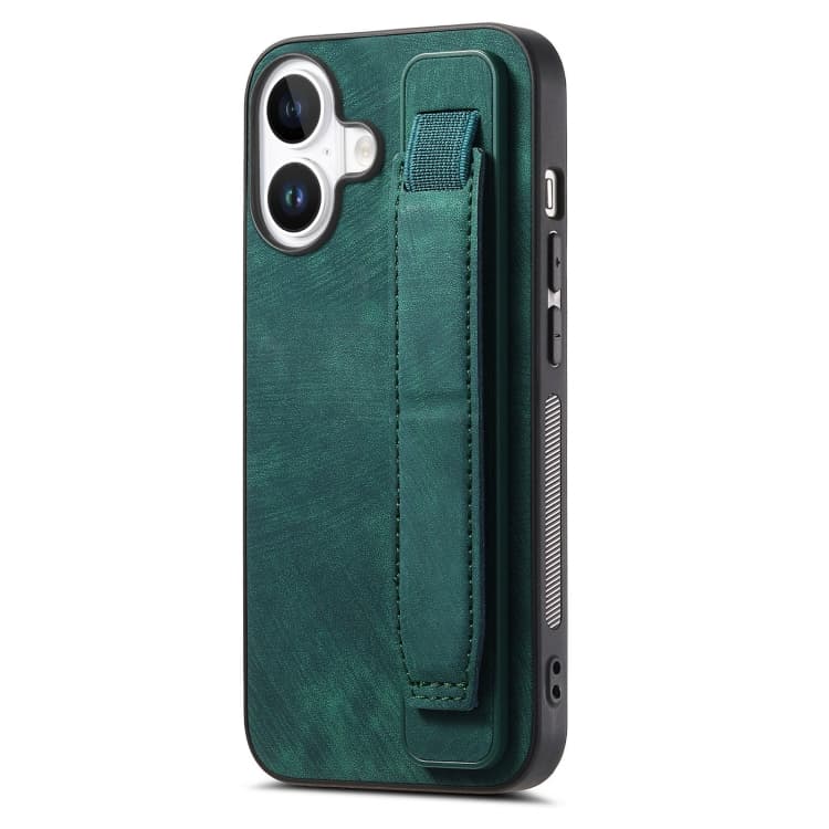 For iPhone 16 Retro Wristband Holder Leather Back Phone Case(Green) - Immagine 1