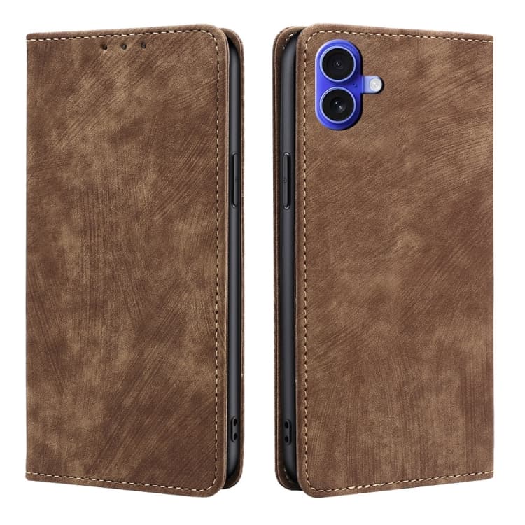 For iPhone 16 RFID Anti-theft Brush Magnetic Leather Phone Case(Brown) - Immagine 1