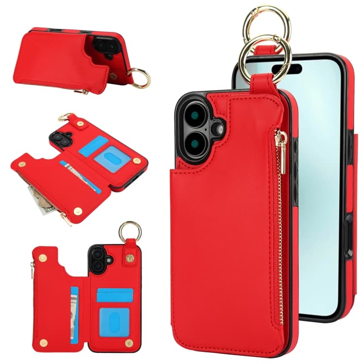 For iPhone 16 RFlD Anti-theft Double Buckle Ring Zipper Card Phone Case(Red) - Immagine 1