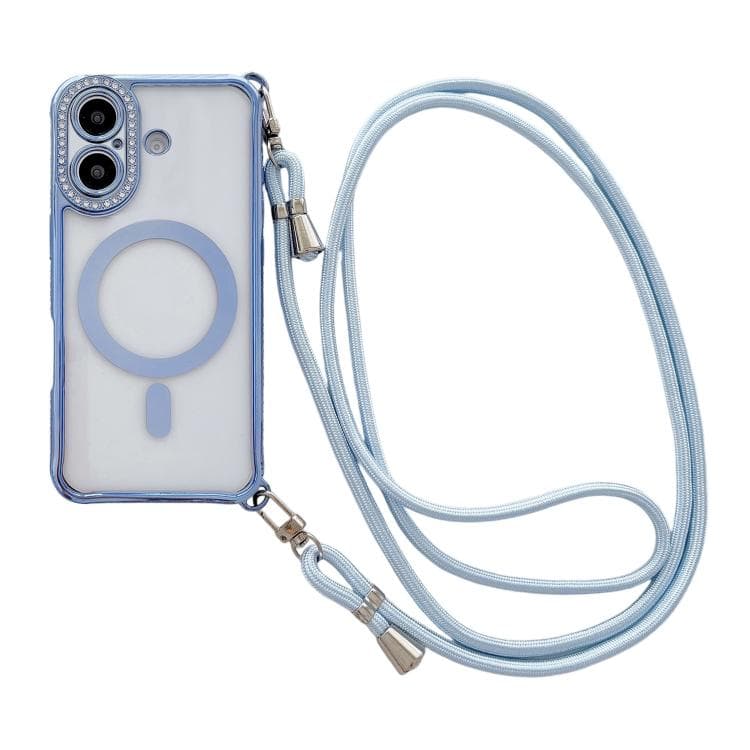 For iPhone 16 Rhinestone Clear Acrylic Electroplated Magnetic Phone Case with Right-Side Crossbody Lanyard(Blue) - Immagine 1
