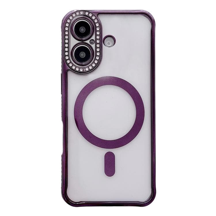 For iPhone 16 Rhinestone Clear Acrylic Electroplated Magnetic Phone Case(Purple) - Immagine 1