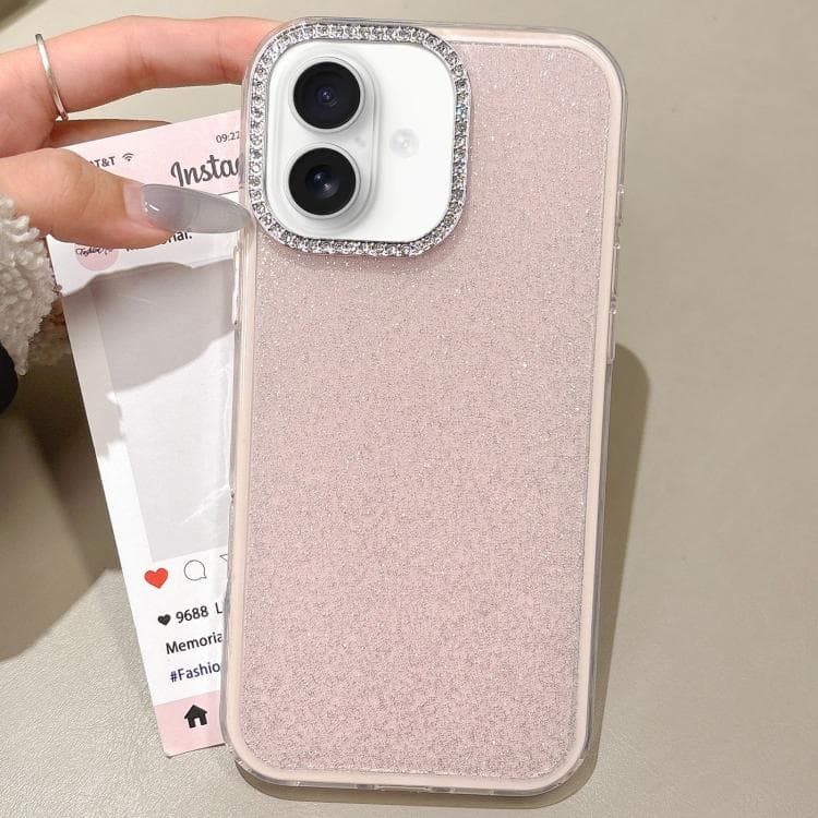 For iPhone 16 Rhinestone-Embedded Camera Frame Glitter Full Coverage Phone Case(Pink) - Immagine 1