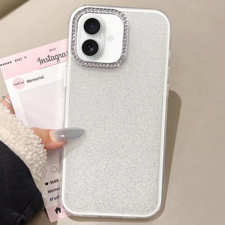 For iPhone 16 Rhinestone-Embedded Camera Frame Glitter Full Coverage Phone Case(White) - Immagine 1