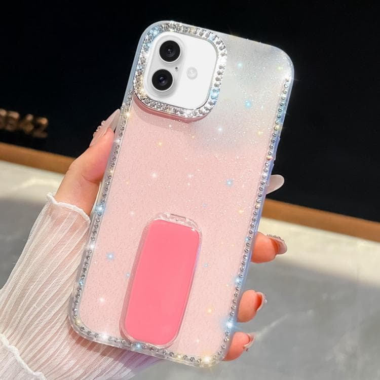 For iPhone 16 Rhinestone Glitter TPU 4-corners Anti-fall Phone Case with Holder(Light Pink) - Immagine 1