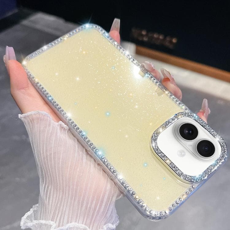 For iPhone 16 Rhinestone Glitter TPU 4-corners Anti-fall Phone Case(Light Yellow) - Immagine 1