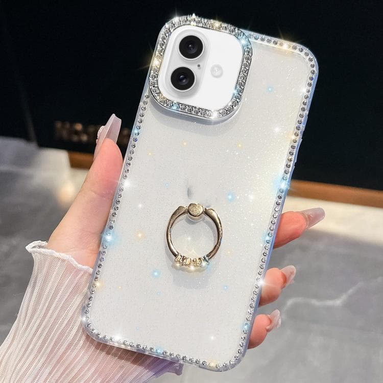For iPhone 16 Rhinestone Glitter TPU Ring Holder Anti-fall Phone Case(Transparent) - Immagine 1