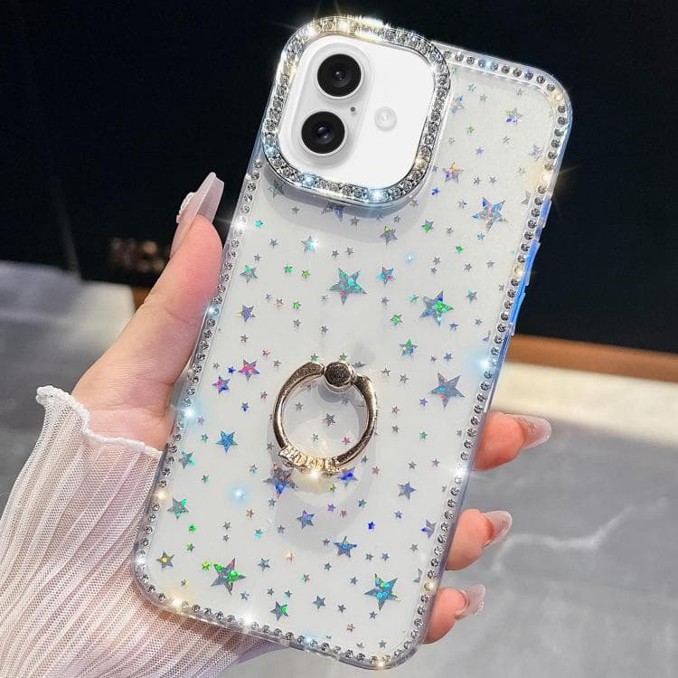 For iPhone 16 Rhinestone Glitter TPU Ring Holder Anti-fall Phone Case(Transparent Stars) - Immagine 1