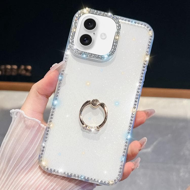 For iPhone 16 Rhinestone Glitter TPU Ring Holder Anti-fall Phone Case(White) - Immagine 1