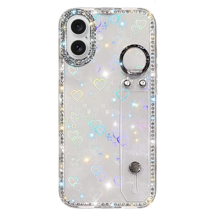 For iPhone 16 Rhinestone Glitter Wristband Holder Phone Case(Heart Transparent) - Immagine 1