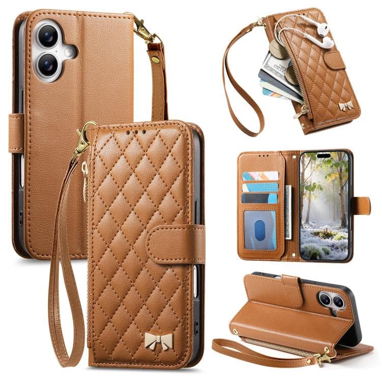 For iPhone 16 Rhombic Texture Zipper Wallet Metal Bow-knot Vegan Leather Phone Case with Strap(Brown) - Immagine 1