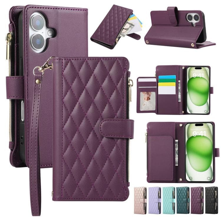 For iPhone 16 Rhombic Zipper Wallet Leather Phone Case(Deep Purple) - Immagine 1