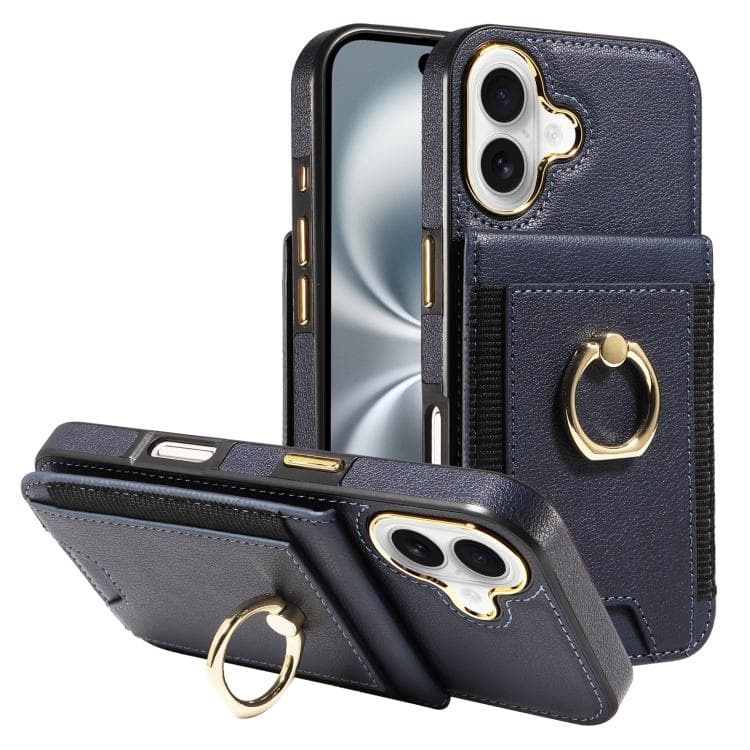 Custodia in pelle per iPhone 16 con anello multifunzionale e portafoglio verticale (Blu scuro) - Immagine 1