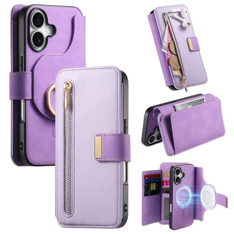 For iPhone 16 Ring Zipper Wallet RFID Blocking MagSafe Leather Phone Case(Purple) - Immagine 1