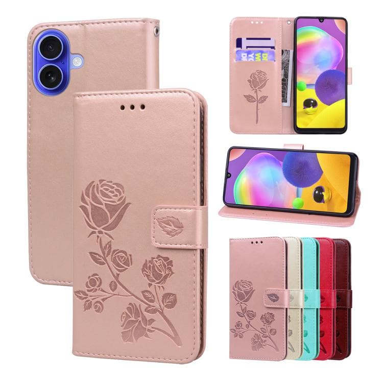 For iPhone 16 Rose Embossed Flip PU Leather Phone Case(Rose Gold) - Immagine 1