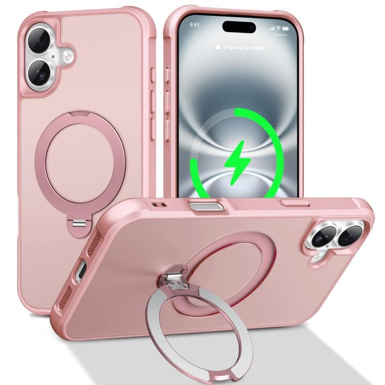 For iPhone 16 Rotating Pivot Bracket Magnetic Phone Case(Pink) - Immagine 1